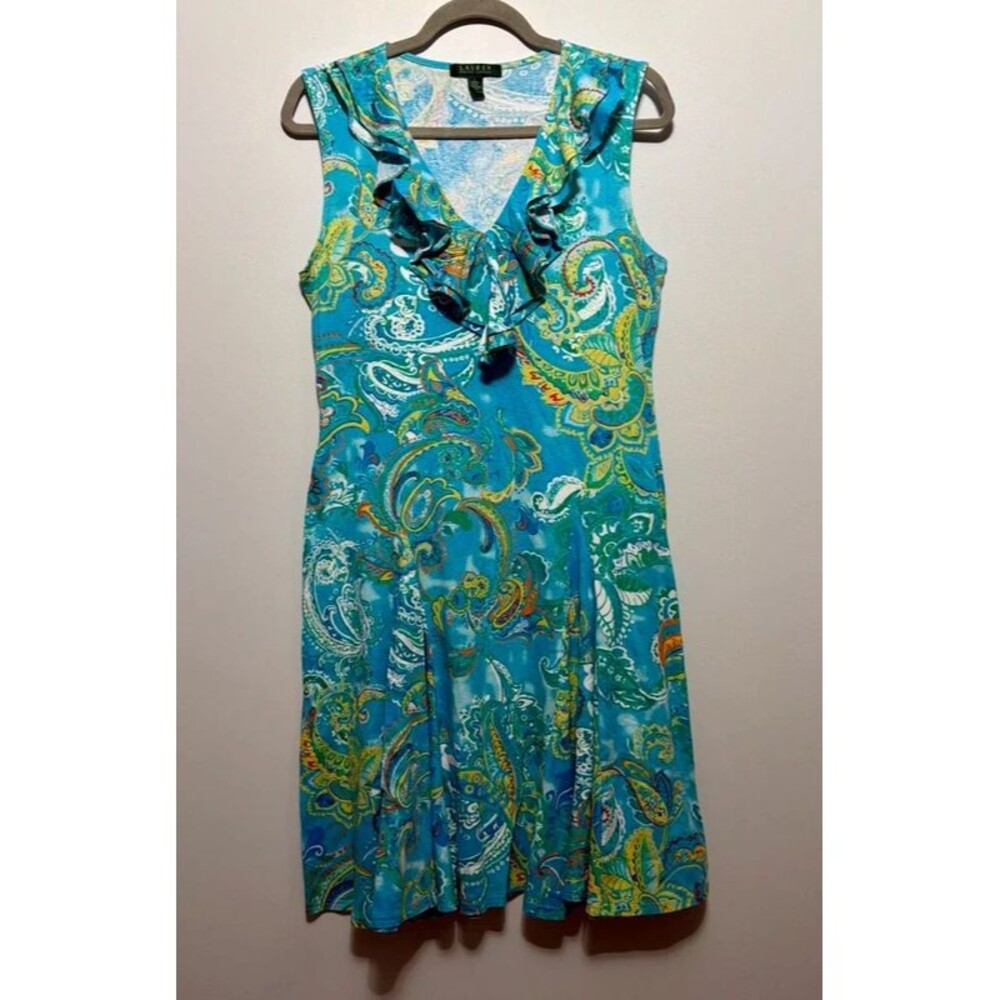 Lauren Ralph Lauren Dress Sleeveless V Neck Ruffle Paisley Cotton Stretch Large
